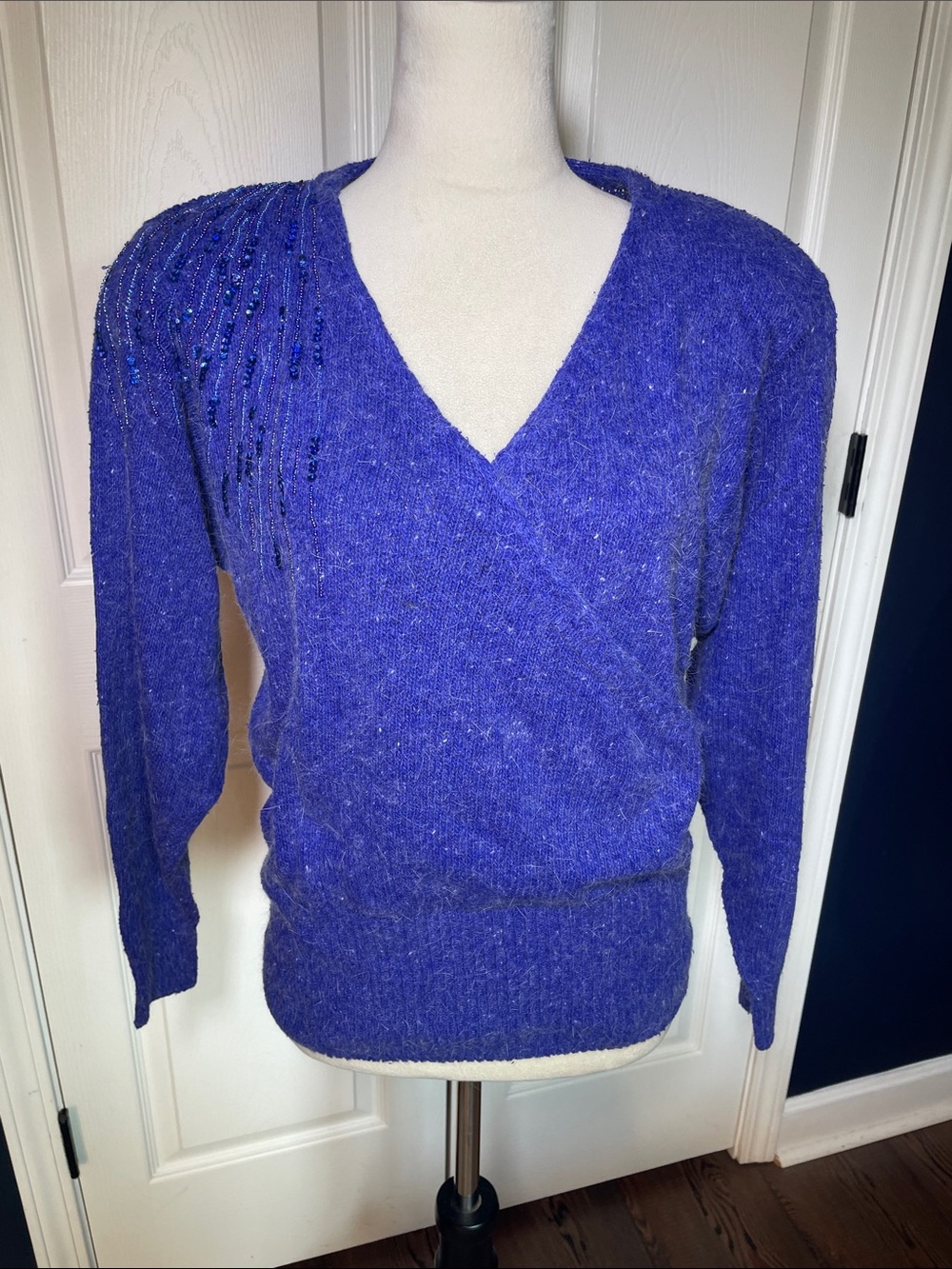 Vtg 80s Raoul Purple Silk Angora Knit Sweater Sequin Beaded Shoulder Wrap Sz S